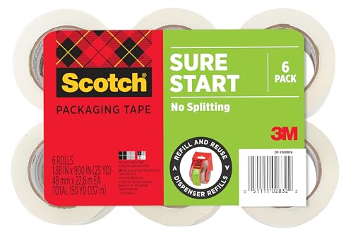 Scotch Sure Start Packing Tape, Clear, Quiet Unwind and Easy Start, 1.88 in. x 25 yd., 6 Tape Rolls, Designed for Packing, Shipping and Mailing, No