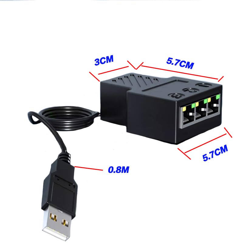 Aoiutrn RJ45 Network Splitter Adapter, USB to RJ45 Network 1 to 3 Dual Port Ethernet Socket Connector 8P8C Extender Plug LAN Interface