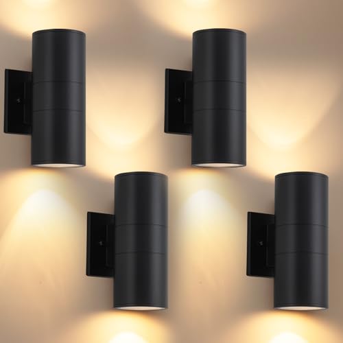 Easyusahome 4 Pack Outdoor Sconce Lights for House, Modern Exterior Wall Light Fixtures, Black Cylinder Up and Down Lights Outdoor, Anti-Rust Porch
