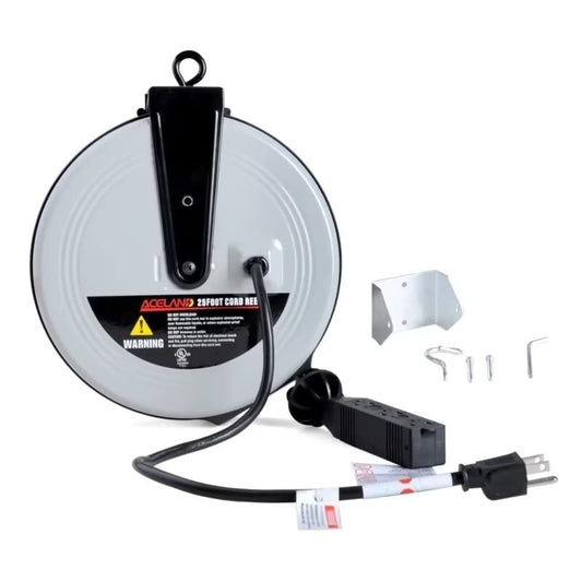 Aceland 25ft Retractable Extension Cord Reel with 3 Electrical Outlets, 16AWG/3C SJTW Power Cord for Indoor & Outdoor Use, UL Listed
