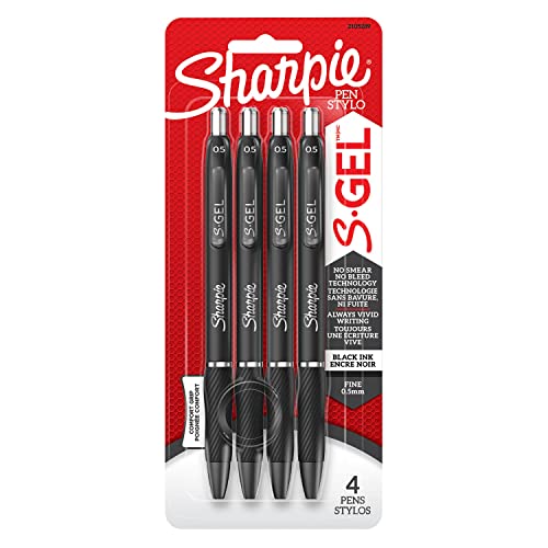 Sanford Sharpie S-Gel Pen, Fine Point (0.5mm), Black Metal Barrel, Black Ink, 4 Count