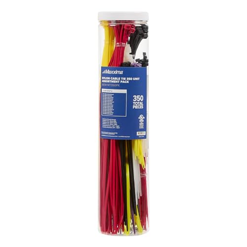 Maxxima Nylon Cable Ties Assortment Pack, Heavy Duty Multipurpose 4, 8, 12 Inch Self-Locking Cable Zip Ties, Various Sizes and Colors, Wire Ties, 350