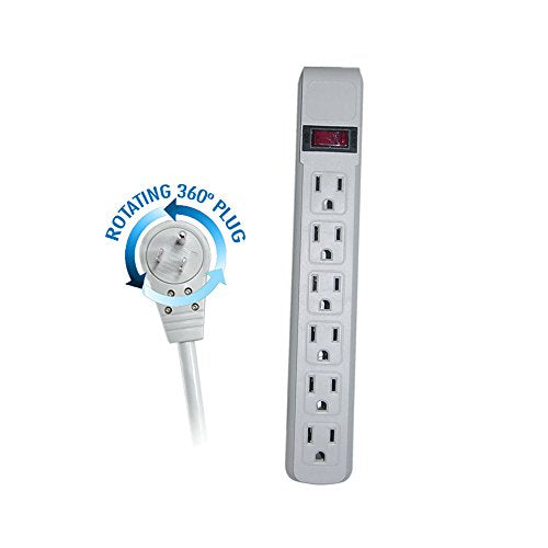 ACL 10 Feet Power Cable with 6 Outlet Surge Protector, Flat Rotating Plug, Horizontal Outlets, Gray, 1 Pack