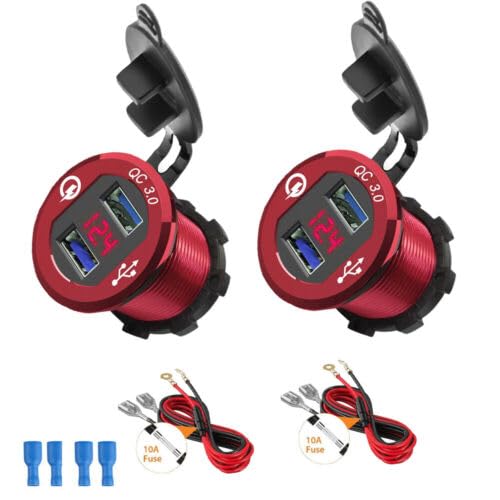 UCCKEYI 2 Sets Aluminum Dual USB Port Car Cigarette Lighter Socket LED Voltmeter 12-24V (Red)