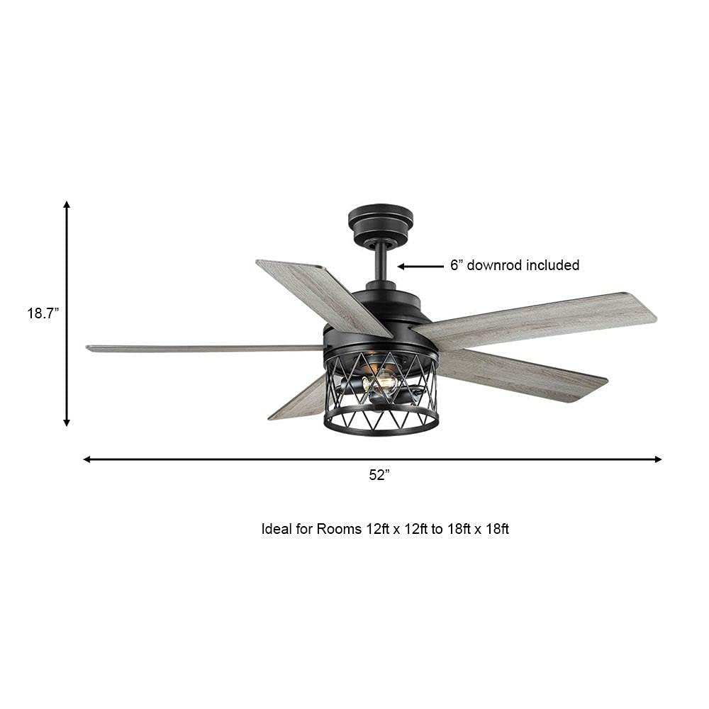 Hampton Bay North Grove 52 in. Indoor LED Matte Black Dry Rated Ceiling Fan with 5 Reversible Blades Light Kit and Remote Control 52119