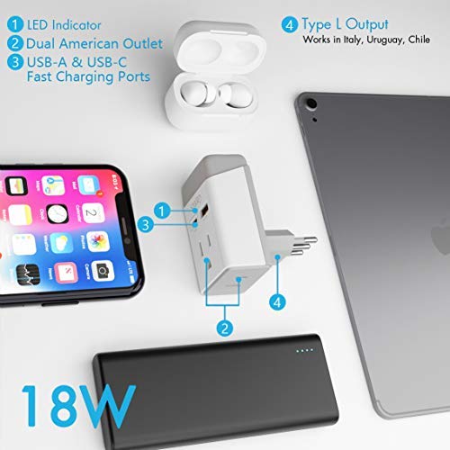 Ceptics Italy, Chile Travel 2 Pack Plug Adapter QC 3.0 & PD, Safe Dual USB & USB-C - 2 USA Socket Compact & Powerful - Use in Rome, Milan, Greece…