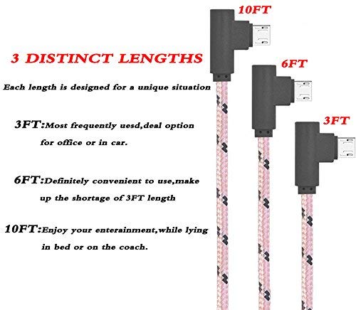 Right Angle Micro USB Cable,90 Degree Android Charger Cable, 3Pack 3Ft 6Ft 10Ft USB to Micro Cable Nylon Braided Charger Cords and Data Sync