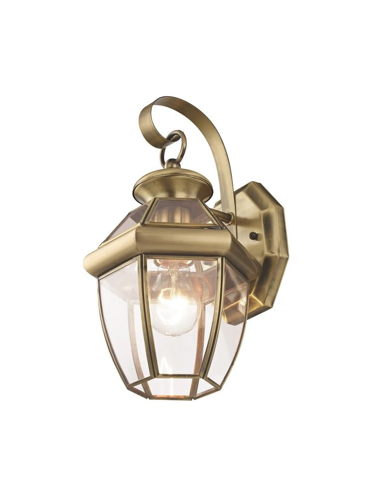 Livex Lighting 2051-01 Monterey 1 Light Outdoor Antique Brass Finish Solid Brass Wall Lantern with Clear Beveled Glass