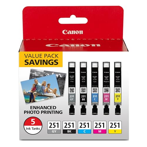 Canon CLI-251 Genuine 5 Color Value Pack, Compatible with MG7520, MG5620, and MG6620 Printers