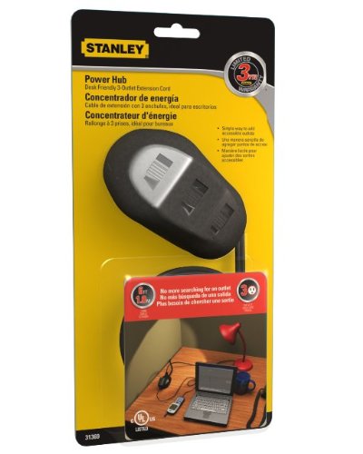 Stanley 31369 PowerHub Tabletop Polarized 3-Outlet Extension Cord, Black