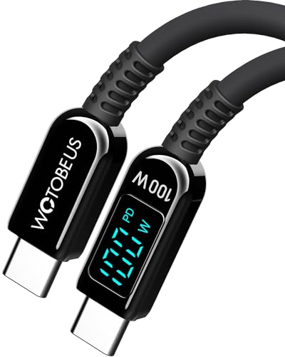 WOTOBEUS 6.5ft Silicone USB-C to USB-C Cable with LED Power Display, Real-Time Digital Screen Shows Fast Charging Wattage, Soft Touch Cord for iPhone