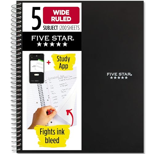 Five Star Spiral Notebook + Study App, 5 Subject, Wide Ruled 8" x 10.5" Paper, 200 Sheets, Fights Ink Bleed, Water Resistant Cover, Black (72045)