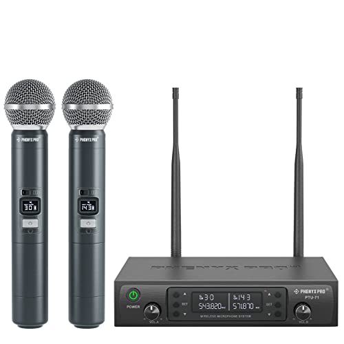 Phenyx Pro Wireless Microphone System, Dual Wireless Mics,w/ 2 Handhelds, Auto Scan,2x100 UHF Frequencies,328ft Range,Dynamic Microphone for Singing