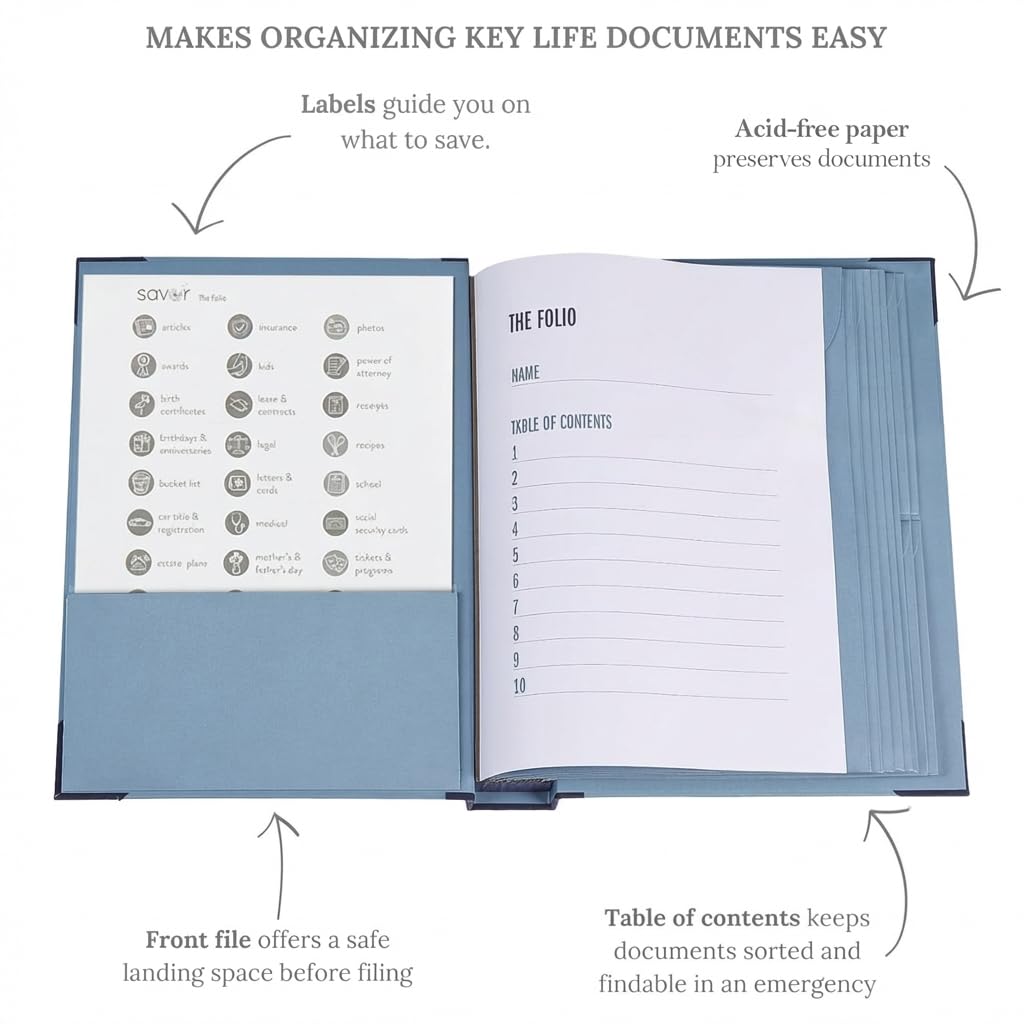The Folio® Important Document Organizer by Savor | Binder with Guided Labels, Acid-Free File Folder Organizer with 10 Pockets, Document Holder