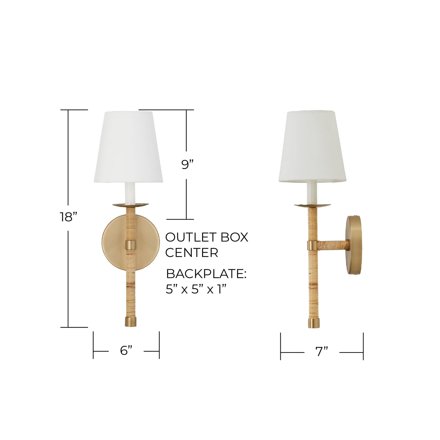 Capital Lighting 647211MA-705 Tulum White Fabric Shade with Handcraft Rattan Torchiere Wall Sconce, 1-Light 60 Watt, 18" H x 6" W, Matte Brass