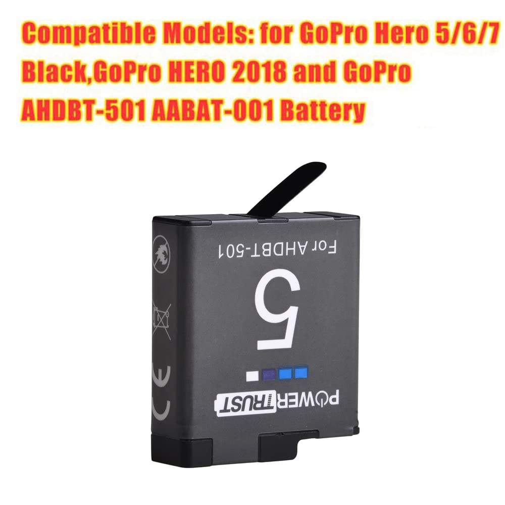 PowerTrust 2-Pack Replacement AHDBT-501 Batteries and Rapid LCD USB Dual Charger for GoPro Hero 5/6/7/8 Hero5 GoPro Hero 6 Black Camera Battery