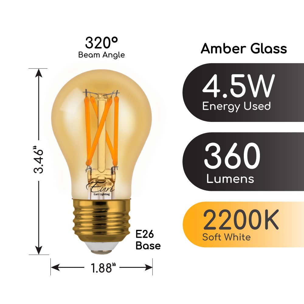 Euri Lighting VA15-3020ea-4 Dimmable LED A15, 4.5W (25W Equiv.) 360lm, 80 CRI, Amber Glass, Warm White (2200K), 320° Beam Angle, E26, Wet Rated, UL