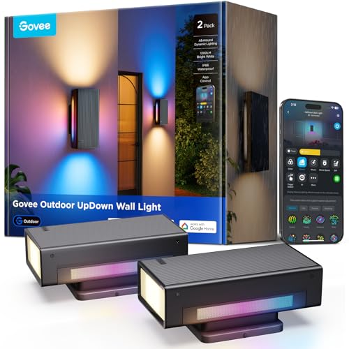 Govee Outdoor UpDown Wall Light, 2 Pack, 1200LM RGBICWW Smart Porch Lights Outdoor with 64 Scene Modes, IP66 Waterproof Wall Sconce for Outdoor Decor