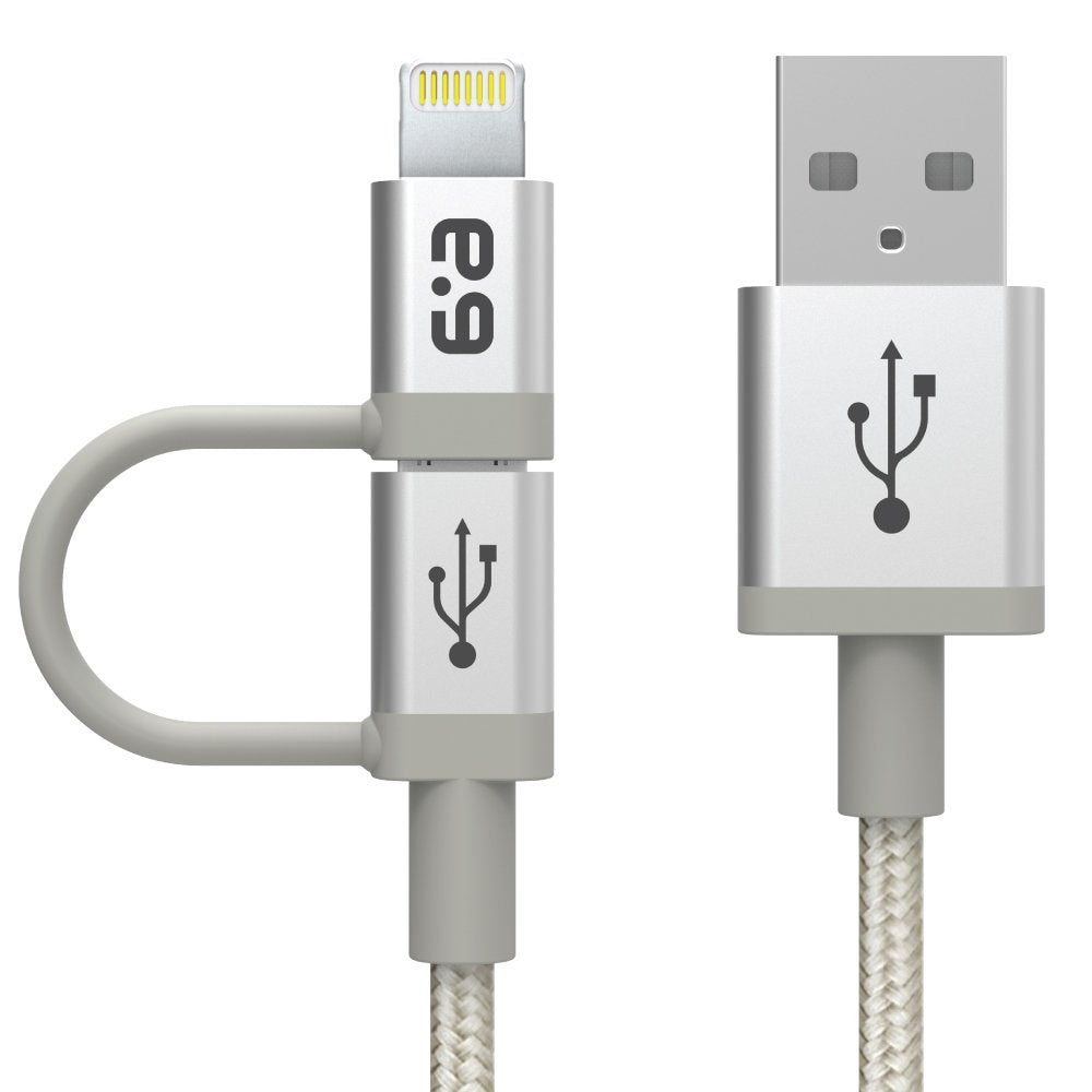 PureGear 2-in-1 Braided Charge-Sync Cable with Lightning to Micro USB Adapter - Metallic Silver 48"