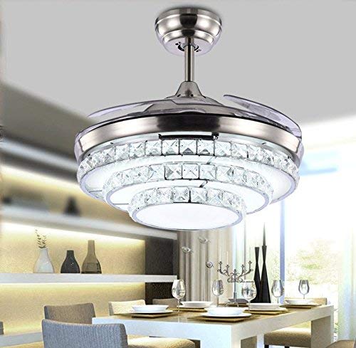 Angry Pryo 42" Crystal Invisible Ceiling Fans with Lights,Retractable Remote Control 3 Color 3 Speed LED Silent Modern Fan Chandelier Lighting