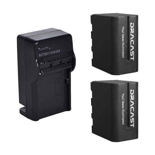 Dracast 2 Pack Battery and Wall Charger Kit | 6600 mAh Rechargeable Li-Ion Batteries and Wall Charger for Sony NP F550, F530, F970, F960, F770, F750