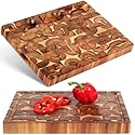 Acacia End Grain Cutting Board (17x13x1.5in), Butcher Block - Reversible Multipurpose Chopping Board with Juice Groove, Cracker Holder & Inner Handles