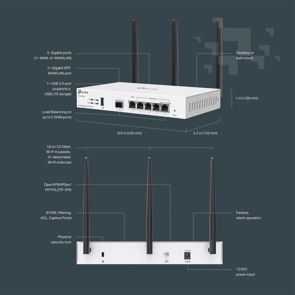 TP-Link Festa FR365, AX3000 WiFi 6 VPN Router, Up to 5 Gigabit WAN + 1 USB 3.0 WAN + 1 SFP, Self-Organizing Network, Free Cloud, Load Balance, Mesh