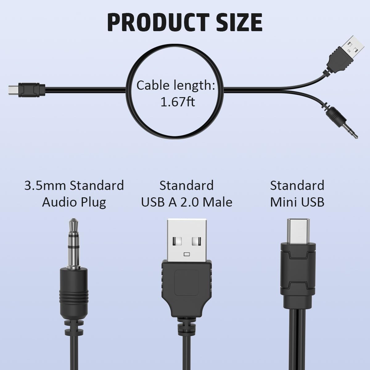 1.67ft USB2.0 Charging Cord to Mini B Male and 3.5mm Jack Plug Audio Cable for iHome IHM60 IHM61 IHM59 Speakers MP3/MP4 Bluetooth Speaker (Mini USB)