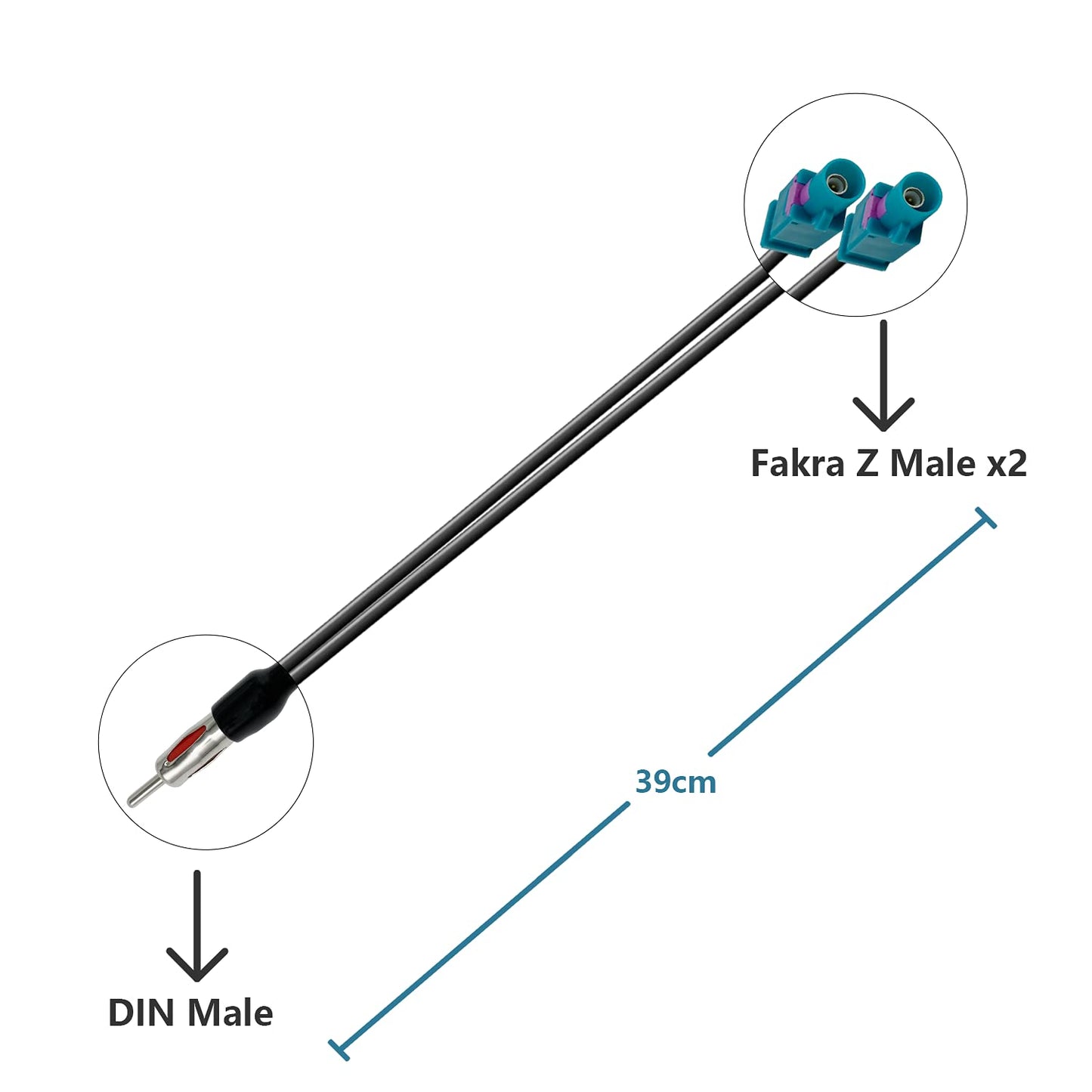POBADY Splitter Cable DIN Male to Dual Fakra Z Male Car Radio Antenna Splitter Cable Fakra Z Plug to DIN Plug to Cable RG174 39CM/15IN for AM/FM Car