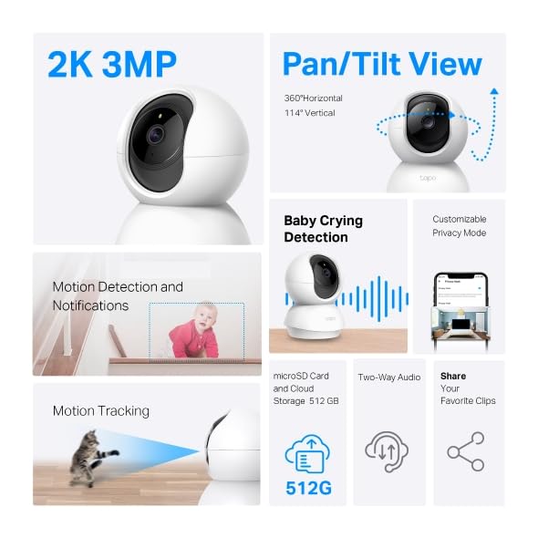 Tapo 2K Pan/Tilt Security Camera for Baby Monitor, Dog Camera w/Motion Detection, 2-Way Audio Siren, Night Vision, Cloud&SD Card Storage, Works