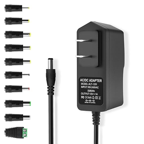 12V 1A 12W DC Power Supply Adapter, AC 100-240V 50-60Hz to DC 12 Volt 1 Amp, Power Cord with 【5.5 x 2.5mm Barrel Jack】 & 10 Tips