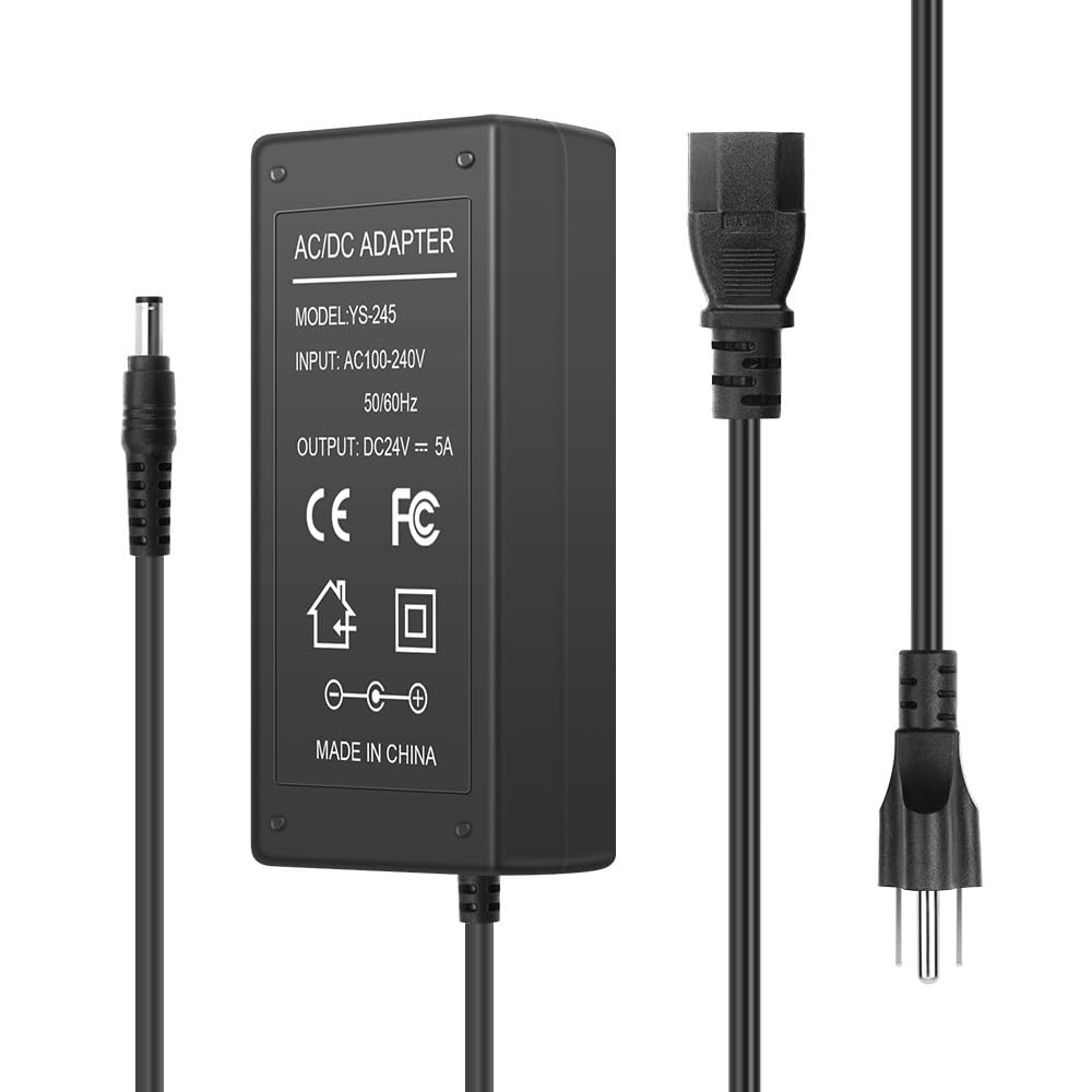 24V 5A DC Regulated Power Supply, AC 100-240V 50-60Hz to DC 24 Volt 5 Amp Power Adapter Cord, 5.5mm x 2.5mm Barrel Jack, Tip Center Positive