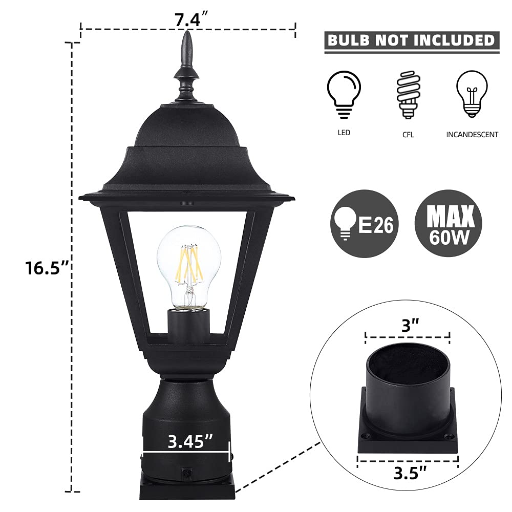 Windben Outdoor Post Light,Waterproof Cast Aluminium Lamp Post Light Fixture,Post Lantern with Pier Mount Base,Matte Black,16.5in,Suitable
