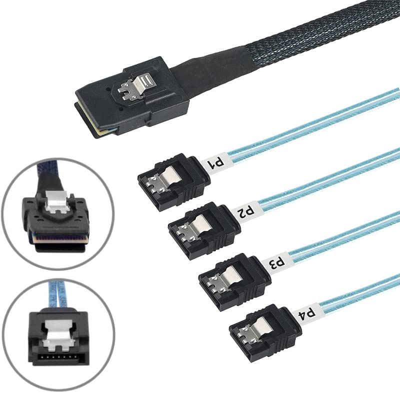 WLGQ Array Disk Cable Mini SAS 36Pin (SFF-8087) Male to 4 SATA 7Pin Female Cable, Mini SAS Host/Controller to 4 SATA Target/Backplane, 0.5M / 1.6FT