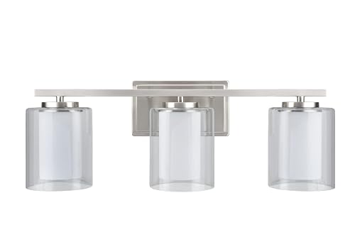 Aspen Creative 62103A, Three-Light Metal Bathroom Vanity Wall Light Fixture, 23" Wide, Transitional Design in Satin Nickel with Clear Glass Shade