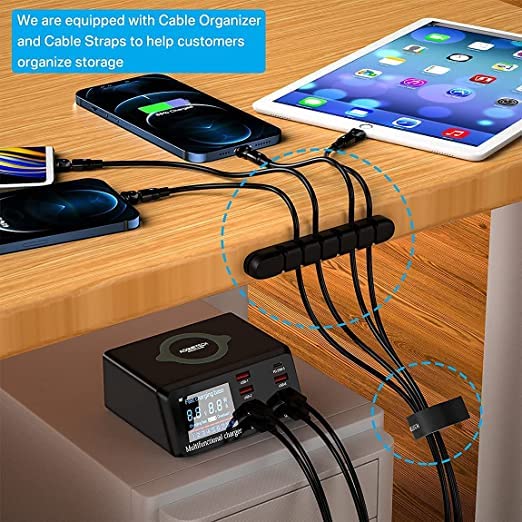 USB Charger Hub ASOMETECH 100W 8-Port Desktop Multiple USB Charging Station with PD Port, Quick Charge 3.0 Port, Wireless Charger, LCD Display Fast