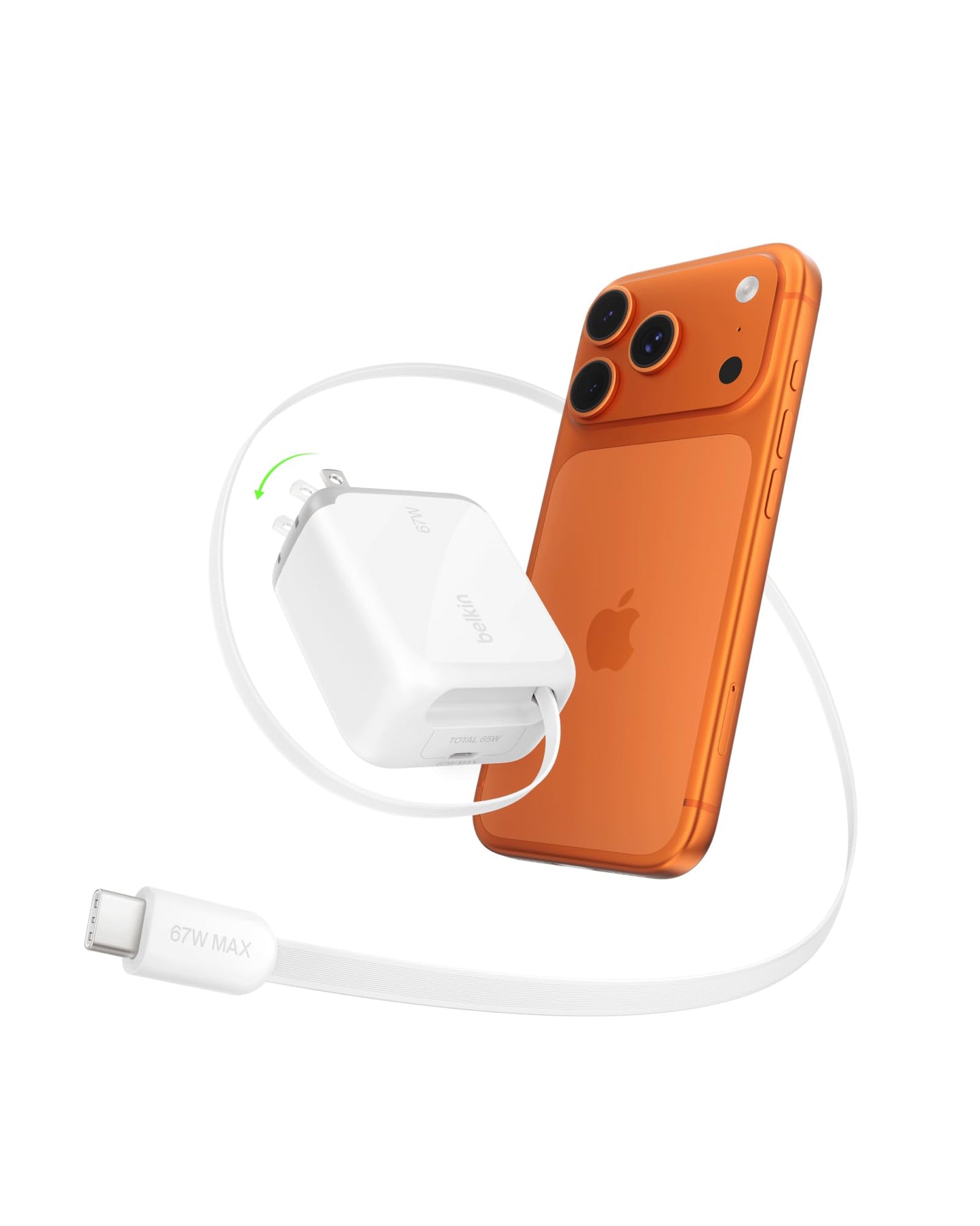 Belkin USB C Retractable Wall Charger, 67W Max GaN Fast Charging Block w/Built-in, Extra-Long 3.3ft Retractable Cable - iPhone Charger for iPhone