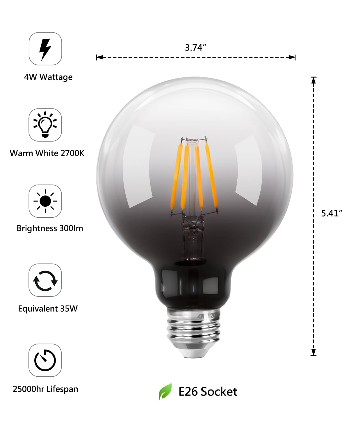 ONEWISH LED Globe Bulb, Warm White 300LM 2700K 4W, 35W Equivalent, E26 Base, Edison Light Bulb for Home Decor, 1 Pack