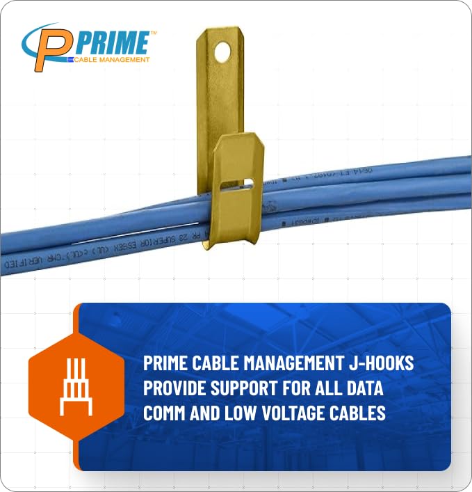 Prime Cable Management 3/4 Inch Heavy Duty Metal Cable & Wire Support J-Hook Hangers for Wall Mounting & Attaching to Vertical Surfaces for Cable