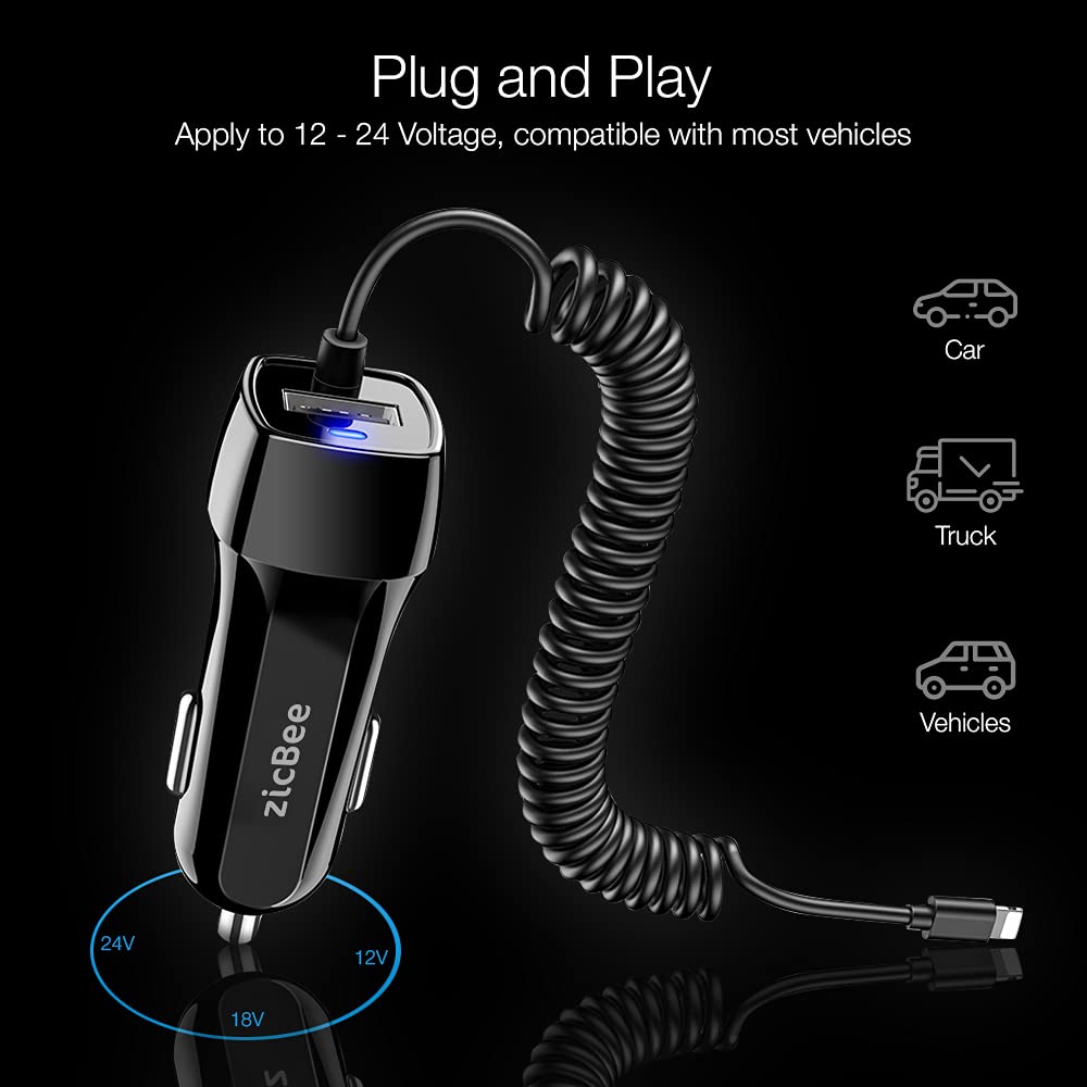 Car Charger for iPhone, 3.6A/18W Built-in 4.9ft Spiral Lightning Coiled Cable, 12-24V Fast Charging Cigarette Lighter Plug Adapter for iPhone 14 13 12