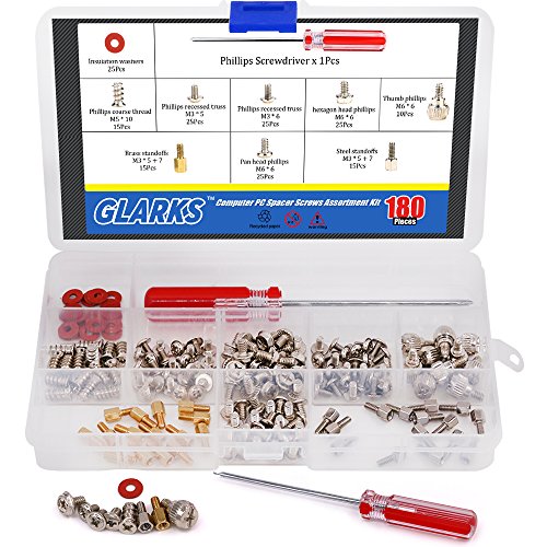 Glarks 180-Pieces Phillips Head Computer PC Spacer Screws Assortment Kit for Hard Drive Computer Case Motherboard Fan Power Graphics (Extra: Phillips