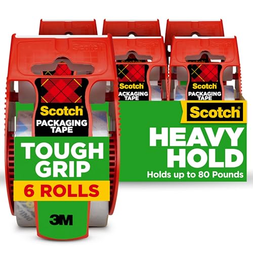 Scotch Tough Grip Moving Packing Tape, Clear, Moving Tape that Secures Boxes up to 80 Pounds, 1.88 in. x 22.2 yd., 6 Tape Rolls with Dispensers