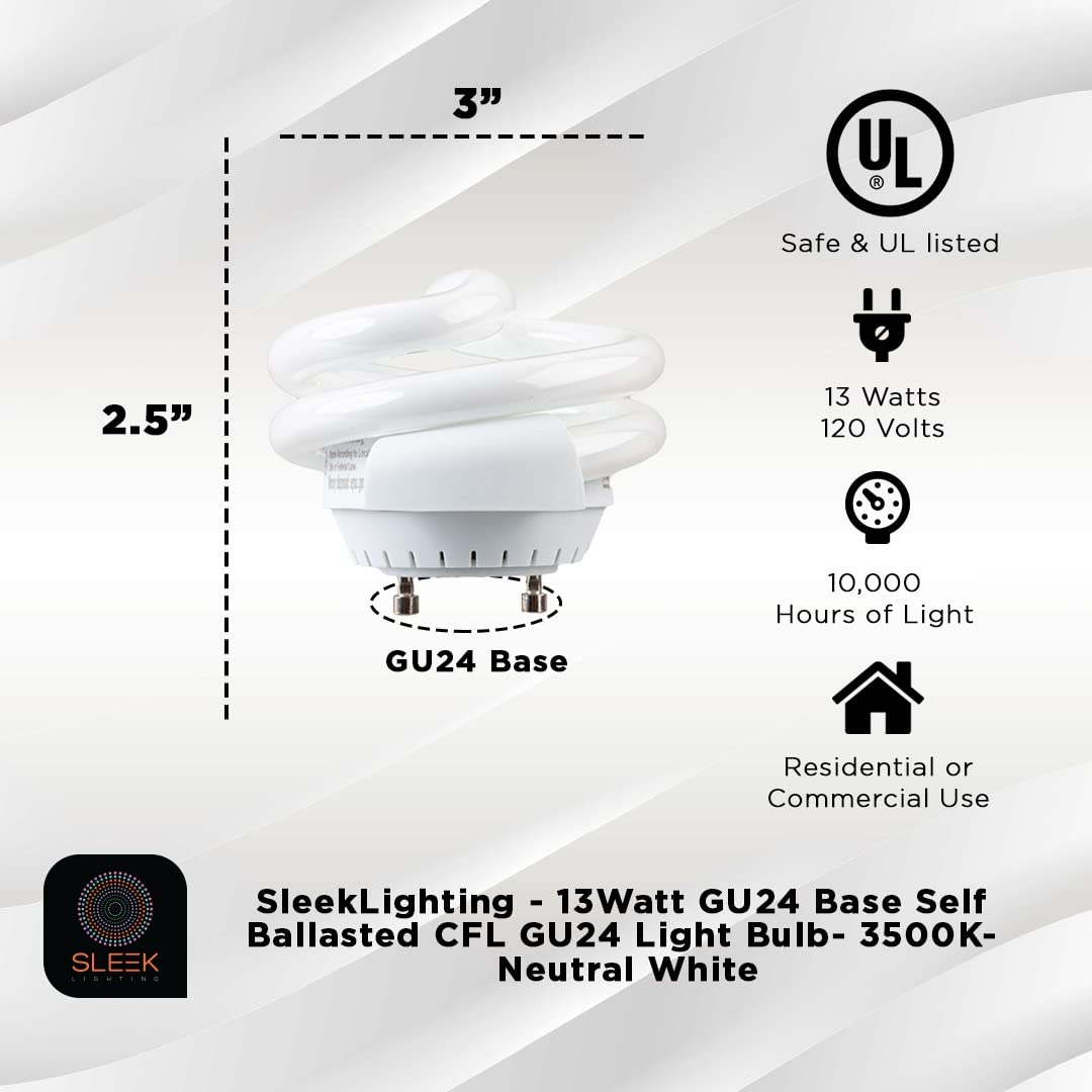 SLEEKLIGHTING GU24 13W T2 Spiral CFL Puck Light Bulb 3500K Neutral White 2-Prong