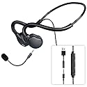 QOEKUEY Open Ear Headphones with Microphone Detachable, Crystal Cable, 3.5mm + USB Wired Audio Control- Black