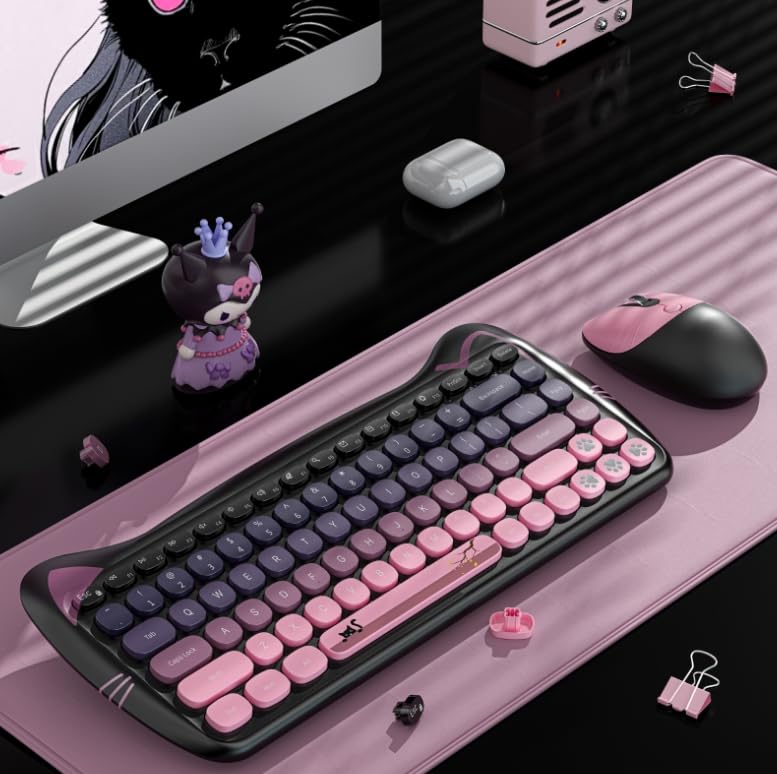 Cute Cat Keyboard and Mouse Combo with Magnetic Cat Figure - Wireless 2.4GHz, Compact Design, for Laptop & Desktop (Black-Pink Gradiant)