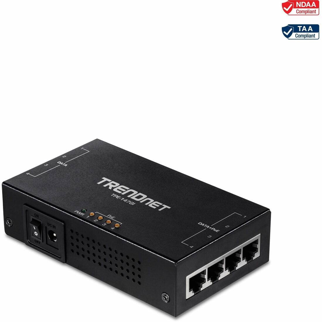 TRENDnet 65W 4-Port Gigabit PoE+ Injector, TPE-147GI, 4 x Gigabit Ports(Data in), 4 x gigabit PoE Ports(Data + PoE Out), Multi-Port PoE+ Injector up