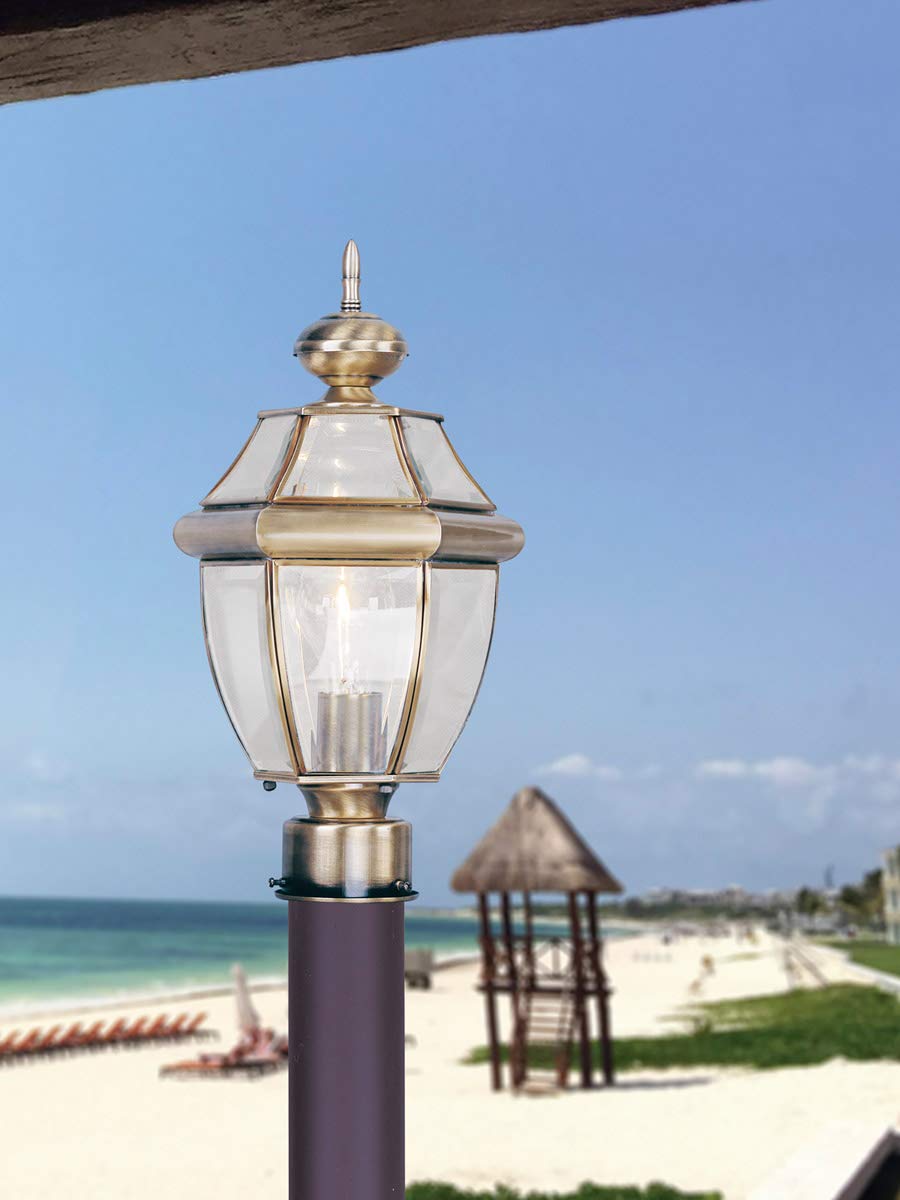 Livex Lighting Lantern 2153-01 Outdoor Post with Clear Beveled Glass Shades, Antique Brass
