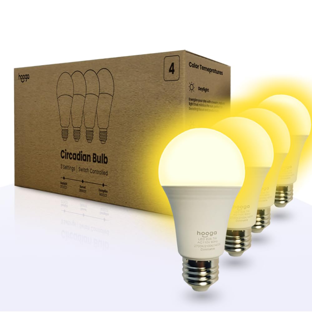hooga Circadian Rhythm Full Spectrum LED Light Bulb - 2700K, 2100K, 1400K, Flicker-Free, Blue Light Free Night Mode, 7W Energy Efficient Warm White