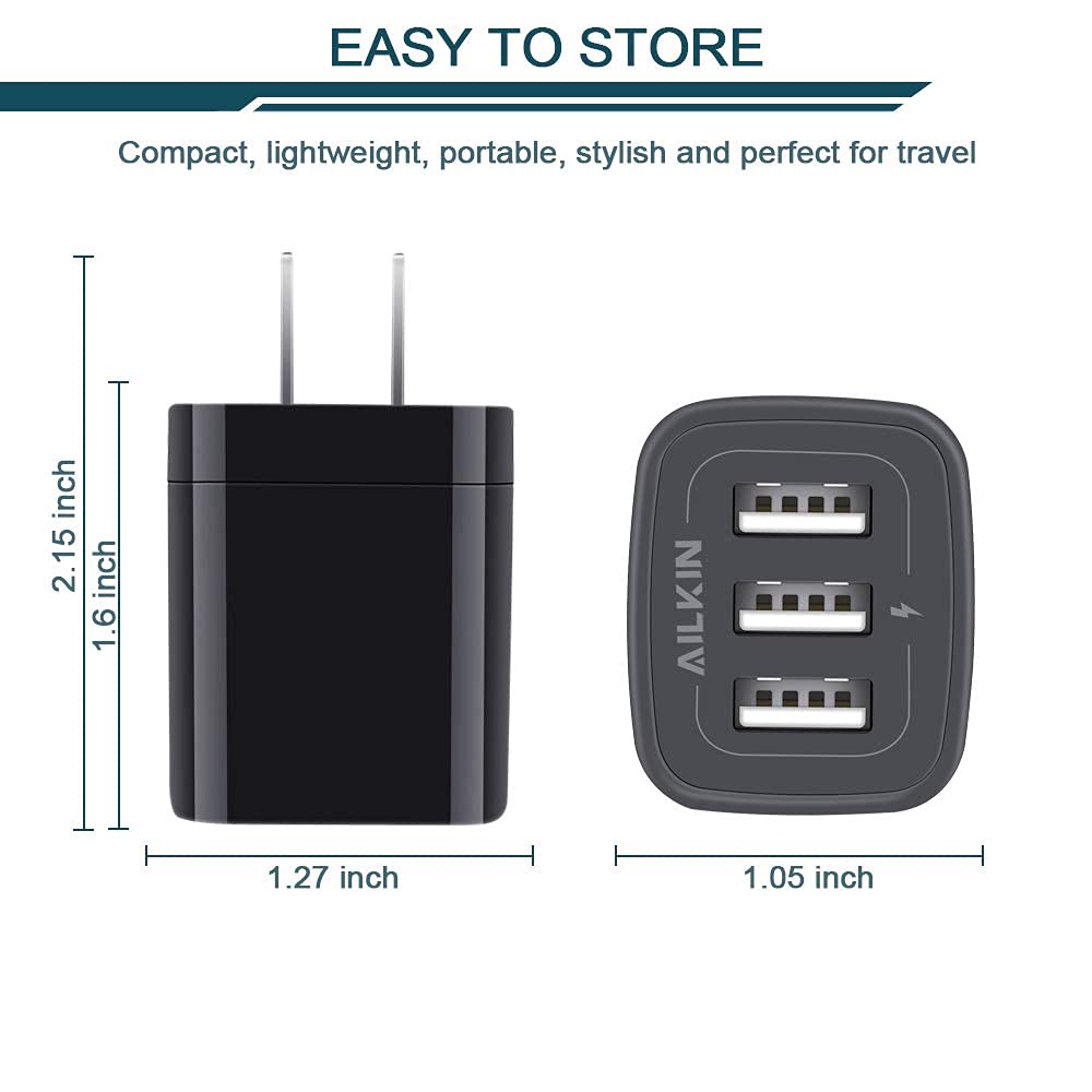 Wall Charger Plug, USB Charger Cube, AILKIN 3.1A 3-Muti Port USB Adapter