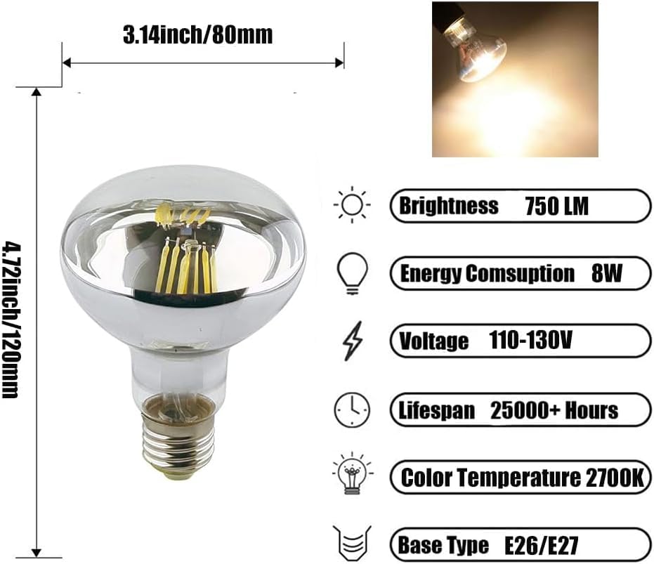 Beriteluce LED Vintage Edison Bulb, Dimmable, LED Flood Light Reflector, R80/BR30 8W (80W Equivalent), 750 Lumen, 2700K (Warm White), Medium Base E26